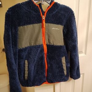 Eddie Bauer Blue and Green Fleece Jacket with Orange Trim